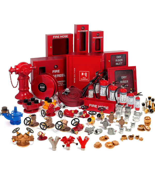 Comprehensive range of firefighting equipment supplied and traded in India, including fire extinguishers, hoses, and safety accessories